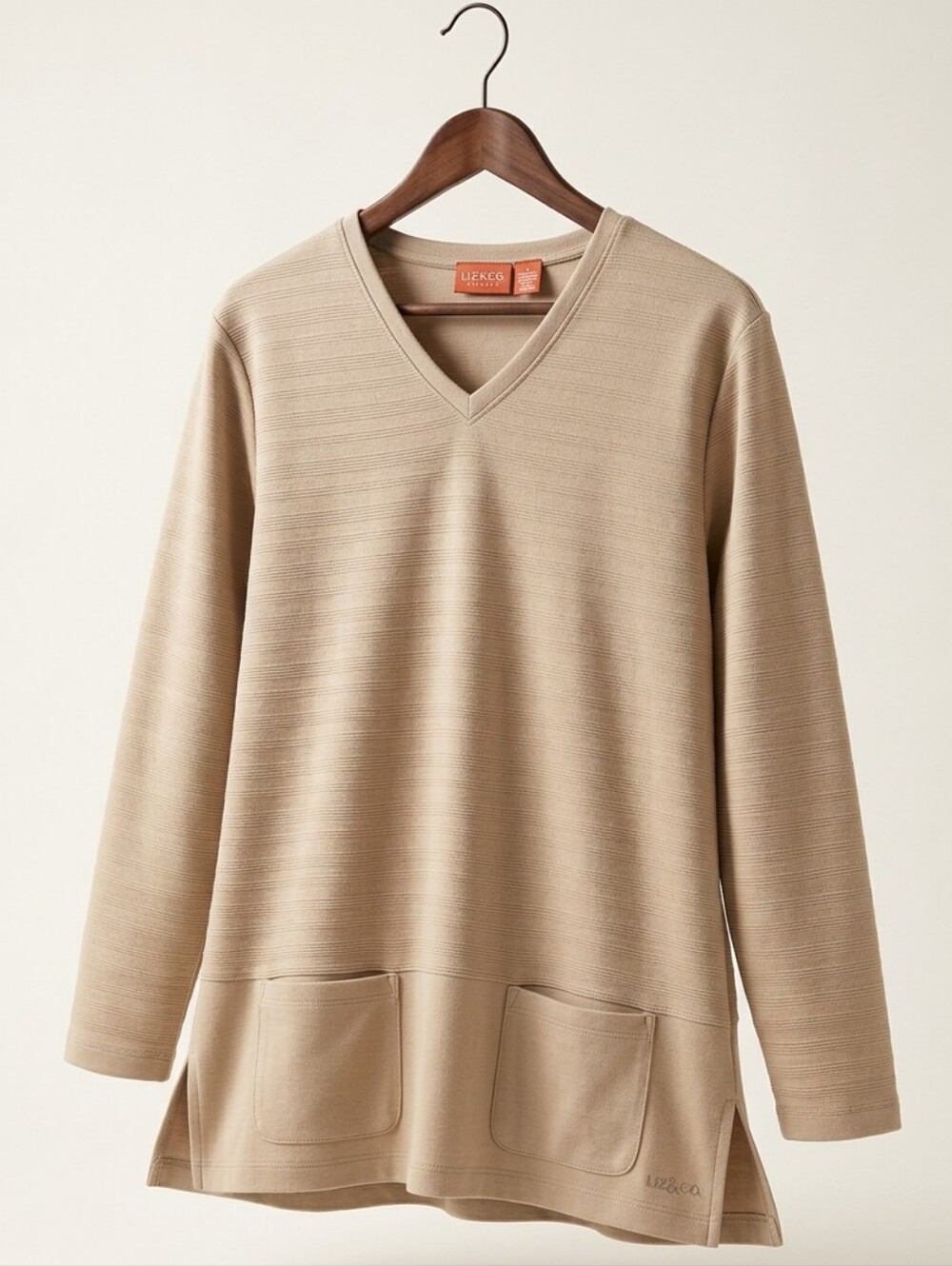 Liz Claiborne Liz & Co. Tan Textured V-Neck Tunic Top - Size XL 100% Cotton